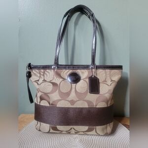 Coach Brown and Tan Signature Canvas Tote with Leather Trim